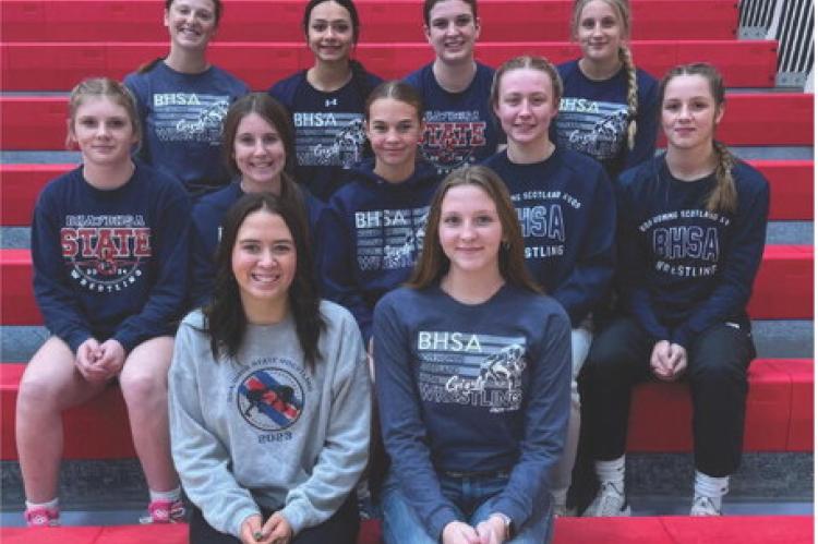 Bon Homme/Scotland/Avon Girls, back row: Ashley Tolsma, Jasmine Ruelas-Hertz, Hope Kemnitz, Hadlee Kracht; middle row: Bailey Kemnitz, Harper Kracht, Sydney Johnson, Peyton Hellmann, Britney Rueb; front row (stats); Mylee Branaugh, Leah Whittington. Court