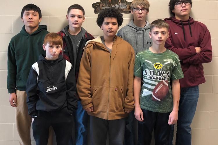 Andes Central wrestlers are, back row from left: Exavian Aungie Baker, Steven Nielsen, Luke Dangel, and Michael Chasing Hawk; front row: Kruze Kaczor, Markel White, and James Derry. Not pictured Brandon Waetermans.