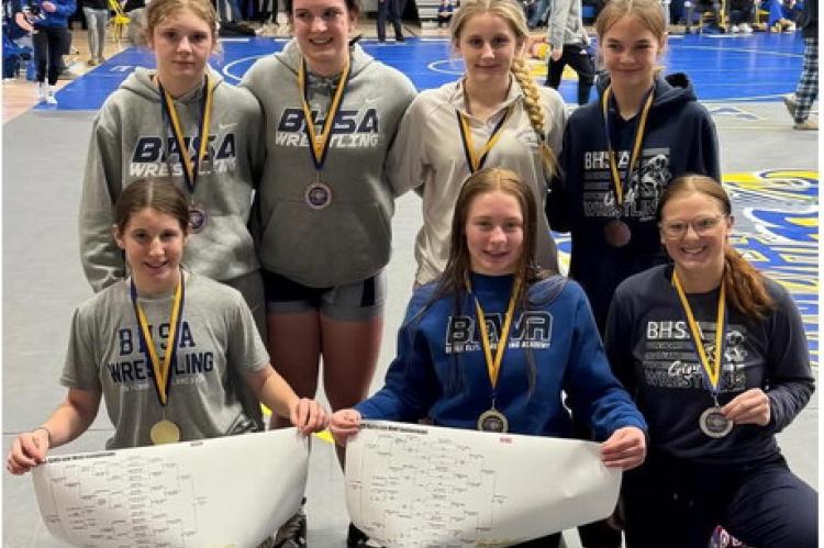 BHSA Medalists at Aberdeen Girls Wrestling Tournament, back row: Bailey Kemnitz-4th at 132, Hope Kemnitz-3rd at 185, Hadlee Kracht-2nd at 126, Sydney Johnson-6th at 100; front row: Harper Kracht-1st at 120, Peyton Hellmann-1st at 145, Ashley Tolsma-2nd at