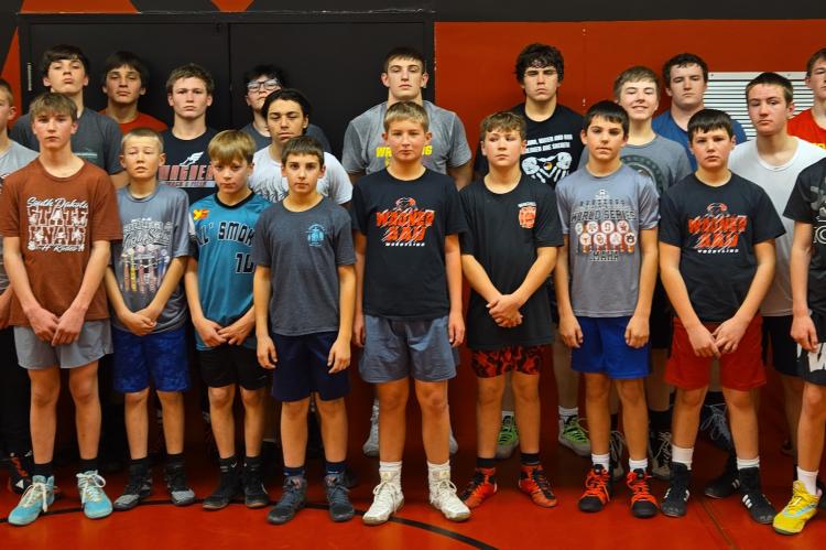 Team members are, back row from left: JH/JV Coach Jacob Ziegler, Head Coach David Kocer, Tristan Cournoyer, Colin Brown Bear, Thane Tjeerdsma, Kingston Brunelle, Gannon Knebel, Bodie Chafin, Bennet Kuhlman, Jaxton Hill, and Assistant Coach Jason Knebel; f