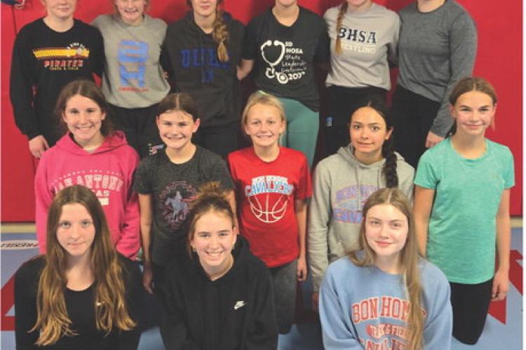 Girls Wrestling Team members are, back row from left: Bailey Kemnitz, Hadlee Kracht, Britney Rueb, Ashley Tolsma, Peyton Hellmann, Hope Kemnitz; middle row: Harper Kracht, Charlie Faehnrich, Tatum Palsma, Jasmine Ruelas Hertz, Sydney Johnson; and front ro