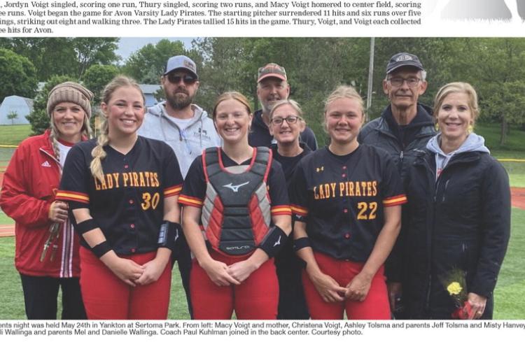 Parents night was held May 24th in Yankton at Sertoma Park. From left: Macy Voigt and mother, Christena Voigt, Ashley Tolsma and parents Jeff Tolsma and Misty Hanvey, Kaeli Wallinga and parents Mel and Danielle Wallinga. Coach Paul Kuhlman joined in the b
