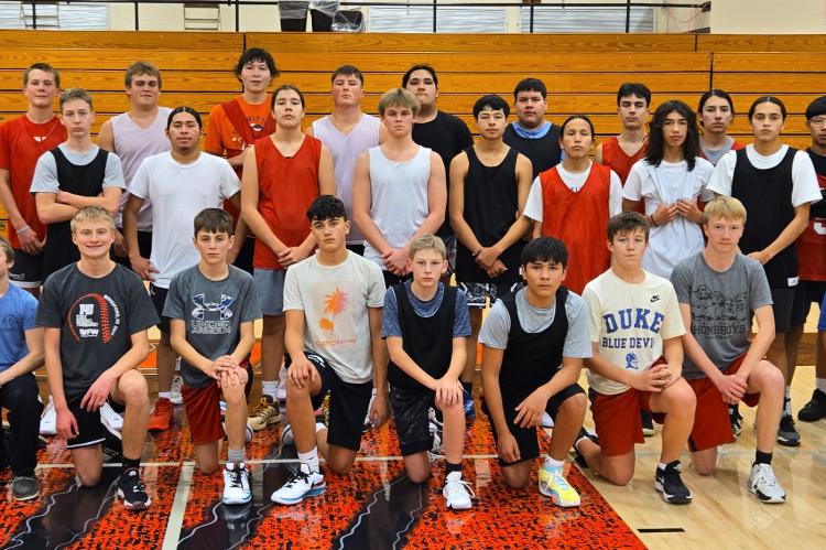 Team members are, back row from left: Coach Josh Davies, Frank Soukup, Carlos Galindo, Cruise Koupal, Parker Petry, Brady Cournoyer, Preston McFayden, Kobe Drapeau, Gannon Shields, Jesse Zephier, Leon Fields, Glenn Weston, Winston Little Moon, Damien Red 