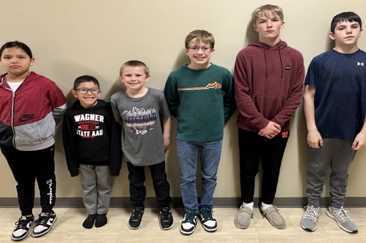 Wrestlers advancing are, from left: Kimi Sully-3rd place, Myles Kazena-6th place, Klay Kokesh-7th place, Finnegan Hopkins-8th place, Thomas Krcil-3rd place, Ryder Insko-8th place. Congratulations wrestlers who placed at the South Dakota State AAU Tourname