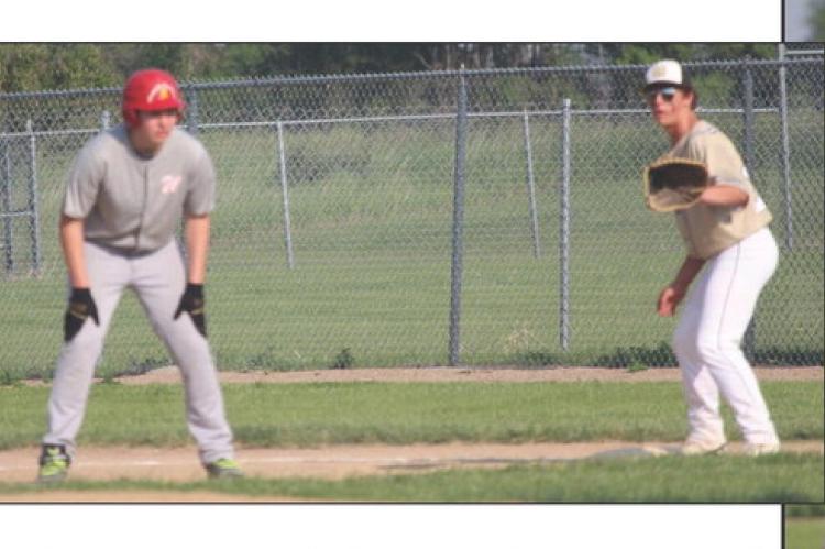 Landon Ronfeldt leads off first as the Wagner Teener 14U team took on Menno-Scotland. The Wagner team played a tough game and came from behind to tie the game, but Menno-Scotland brought out a strong inning in the end to take the win 14-0.