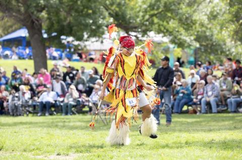 A youth competition dancer performs in traditional regalia during the 2025 St. Joseph's Indian School Powwow in Chamberlain. The annual event celebrates Native American culture through dance, drum groups, and community fellowship. (Photo courtesy of St. Joseph’s Indian School)