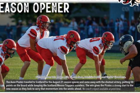 Pictured, from left: Mason Milk, Easton Sees, Dominic Doom, and Tucker Tjeerdsma. The Avon Pirates traveled to Scotland for the August 21 season opener and came away with the shutout victory, putting 50 points on the board while keeping the Scotland/Menno Trappers scoreless. The win gives the Pirates a strong start to the new season as they look to carry that momentum into the weeks ahead. No coach's report available at print time.