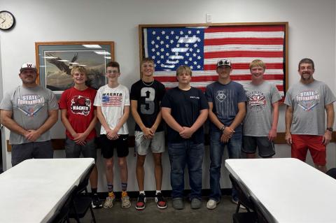 At the August meeting the American Legion recognized this year's Legion coaches and players. Pictured, from left, are: Coach Sam Metzger, Ethan Gabel, Cooper Slaba, Frank Soukup, Austin Pekas, Paxton Kuhlman, Connor Gabel, and Coach Matt Slaba. COURTESY PHOTO