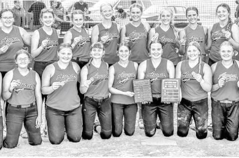 Team members are, back row from left: Assistant Coach Macy Voigt, Assistant Coach Reece Loewe, Charli Paulsen, Mackenzie Titze, Hadlee Kracht, Kaydence Metzger, Rowan Brandt, Brielle Voigt, Raegan Brandt, Addy Lavelle, Pria Sesler, and Head Coach Tom Pier; front row: Kensley Devries, Aubrey Kazena, Lexi Vanderlei, Abby Gretschmann, Harper Kracht, Lydia Yost, Jordyn Voigt, Kaeli Wallinga, and Sydney Johnson. Not pictured: Rilyn Thury and Emily Dewald. Courtesy Photo