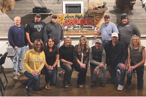 The Avon Class of 2006 Reunion was held last weekend to celebrate their 20 year reunion. Class members present were, back row from left: Drew Hento, Eric Roth, Aaron Pekas, Derik Rolston, and Will Paulson; front row: Lisa Bierema (Vanderlei), Amanda Leighton (DeJong), Darla Tjeerdsma (Brandt), Jennifer Blais (Weber), Sean Cihak, Dan Fathke, and Amy Reiser (Schultz). Courtesy Photo