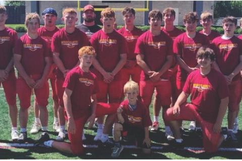 Congratulations to the Pirate football team earning the win at the Northern State Wolf's 9-man team camp team competition. Team members were, back row from left: Mason Jolley, Coach Lukkes, Easton Sees, Brenson Ratzlaff, Branson Kok, Beau Tolsma and Coach Bierema; middle row: Parker Podzimek, Daylin Kok, Weston Bierema, Cale Cooper, Mason Milk, Grayson Ratzlaff, Braylon Fathke and Zander Fathke; and front row: Charlie Cooper, Sawyer Bierema and Sean Schryvers. Courtesy Photo