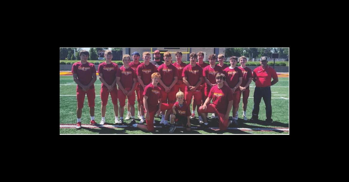 Congratulations to the Pirate football team earning the win at the Northern State Wolf's 9-man team camp team competition. Team members were, back row from left: Mason Jolley, Coach Lukkes, Easton Sees, Brenson Ratzlaff, Branson Kok, Beau Tolsma and Coach Bierema; middle row: Parker Podzimek, Daylin Kok, Weston Bierema, Cale Cooper, Mason Milk, Grayson Ratzlaff, Braylon Fathke and Zander Fathke; and front row: Charlie Cooper, Sawyer Bierema and Sean Schryvers. Courtesy Photo