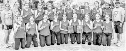 Team members are, back row from left: Assistant Coach Macy Voigt, Assistant Coach Reece Loewe, Charli Paulsen, Mackenzie Titze, Hadlee Kracht, Kaydence Metzger, Rowan Brandt, Brielle Voigt, Raegan Brandt, Addy Lavelle, Pria Sesler, and Head Coach Tom Pier; front row: Kensley Devries, Aubrey Kazena, Lexi Vanderlei, Abby Gretschmann, Harper Kracht, Lydia Yost, Jordyn Voigt, Kaeli Wallinga, and Sydney Johnson. Not pictured: Rilyn Thury and Emily Dewald. Courtesy Photo