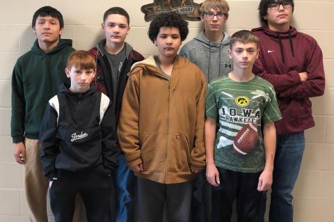 Andes Central wrestlers are, back row from left: Exavian Aungie Baker, Steven Nielsen, Luke Dangel, and Michael Chasing Hawk; front row: Kruze Kaczor, Markel White, and James Derry. Not pictured Brandon Waetermans.