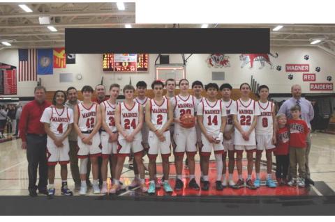 Wagner Red Raider boys basketball team (L-R) Coach Josh Davies, Ja'Kai Tiger, Assistant Coach Tanner Wince, Bailer Lhotak, Assistant Coach Sam Matzke, AJ Kotab, Payne Petry, Jackson Woods, Jesse Zephier Michael Koupal, Ky Arpan, Kameron Chrans, Carlos Gal