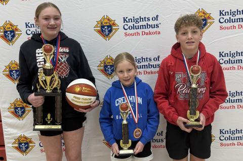 Pictured, from left: Clarah Soukup (first place, 13-year-old girls), Willow Soukup (third place, 9-year-old girls) and Windsor Soukup (second place, 12-year-old boys), all of Wagner, placed in their respective divisions at the state free throw contest hos