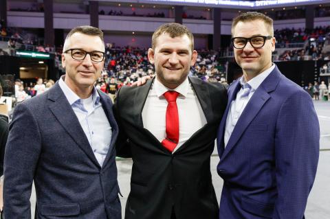 From left: Jay Swatek, Robert Kokesh, and Dan Swatek. The trio were inducted into the Hall of Fame on February 28 at the State Wrestling Tournament. PHOTOS BY BARB PECHOUS | PECHOUS.SMUGMUG.COM