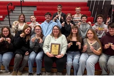Drama club members are, back row from left: Hoyt Brandt and Jacob Sassaman; middle row: Jordyn Voigt, Beau Tolsma, Sean Schryvers, Jeaneah Ratzlaff, Jayden Petrik, and Brenson Ratzlaff; front row: Charli Paulsen, Anna Lupi, Bree Vanderlei, Director Lorett
