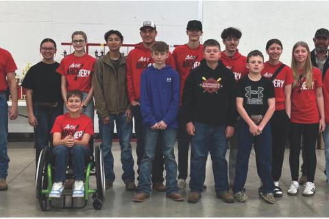 Avon students competed in the State Archery Tournament in Yankton on Friday, March 20th. Competing were, back row from left: Coach Troy Soukup, Johanna Namminga, Haley Brandt, Jack Fathke, Trent Soukup, Hoyt Brandt, Aaden Kuchta, Ashley Soukup, Abegael Od