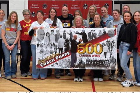 Previous players attending reception were, from left: Kaelee Mixon, Nikki Fathke, Amy Yost, Amber Ratzlaff, Becky Haenfler, Kala Cuka, Brenda Pudwill, Kari Mikkonen, Shirley Soukup, Brad Poppe, Christena Voigt, Bridgette Muller, Leslie Baade, Lindsey Fath