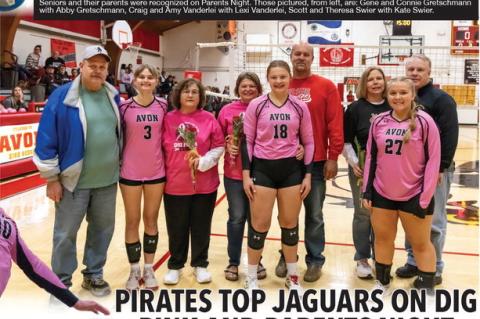 Seniors and their parents were recognized on Parents Night. Those pictured, from left, are: Gene and Connie Gretschmann with Abby Gretschmann, Craig and Amy Vanderlei with Lexi Vanderlei, Scott and Theresa Swier with Kate Swier.